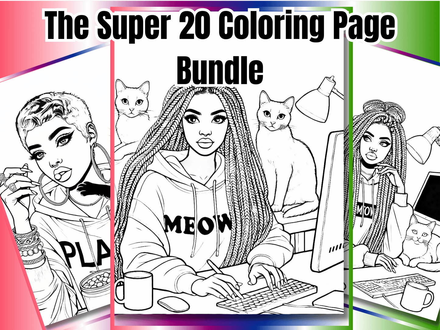 Coloring Book Page Bundle | Beautiful Black Women Love Cats | 20-Page Cat Art Bundle | Adult Printable Colouring | Make your Own Coloring Book