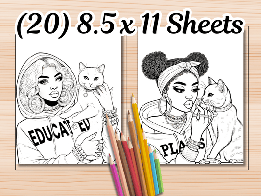 Coloring Book Page Bundle | Beautiful Black Women Love Cats | 20-Page Cat Art Bundle | Adult Printable Colouring | Make your Own Coloring Book
