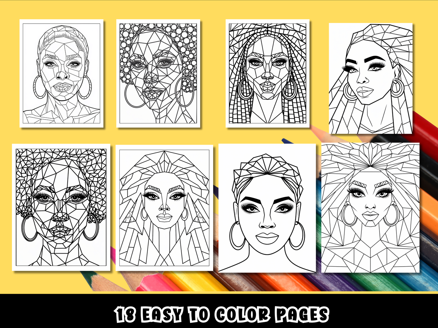 18 Afro Women Abstract Pattern Coloring Page / Adult Coloring Book Bundle | Printable Coloring Sheets