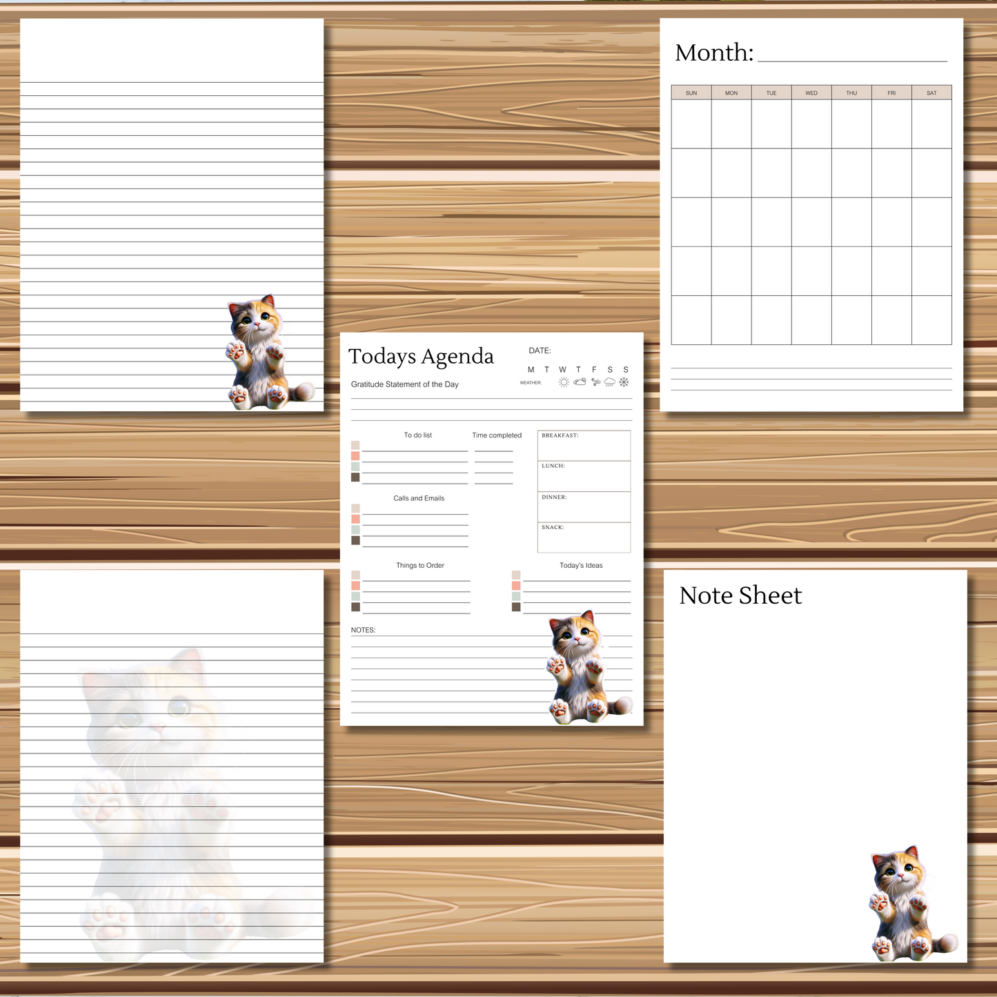 Adorable Kitty Cat Themed | 5 Sheet Stationery Set | + 1 PNG Sticker | Daily Planner, Calendar, Lined Sheets & Notes | Instant Download