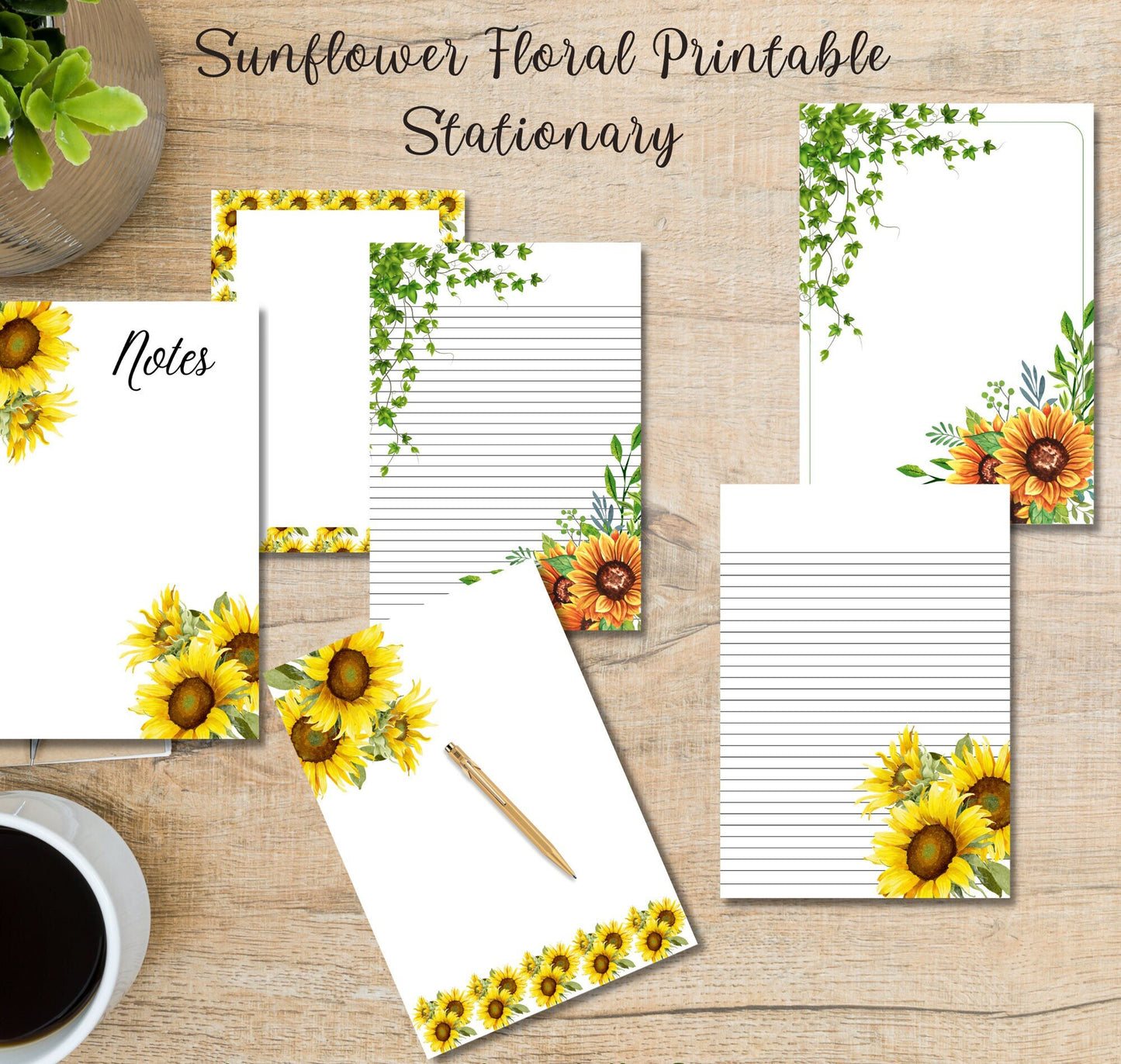 Sunflower Printables | Bring Sunshine to Your Messages with Yellow Sunflower Floral Stationery | 6 Digital Designs in 3 Sizes, PDF Download