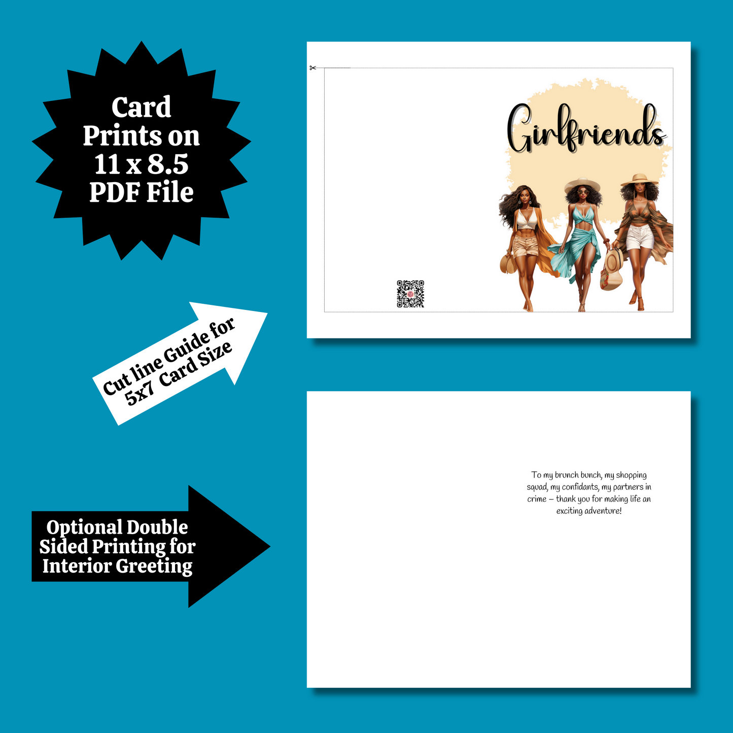 Girlfriends Affirmation Greeting Card | Black Girl | Printable Card | Interior Msg | Digital Greeting Card | Self-Print / Text / Email Share