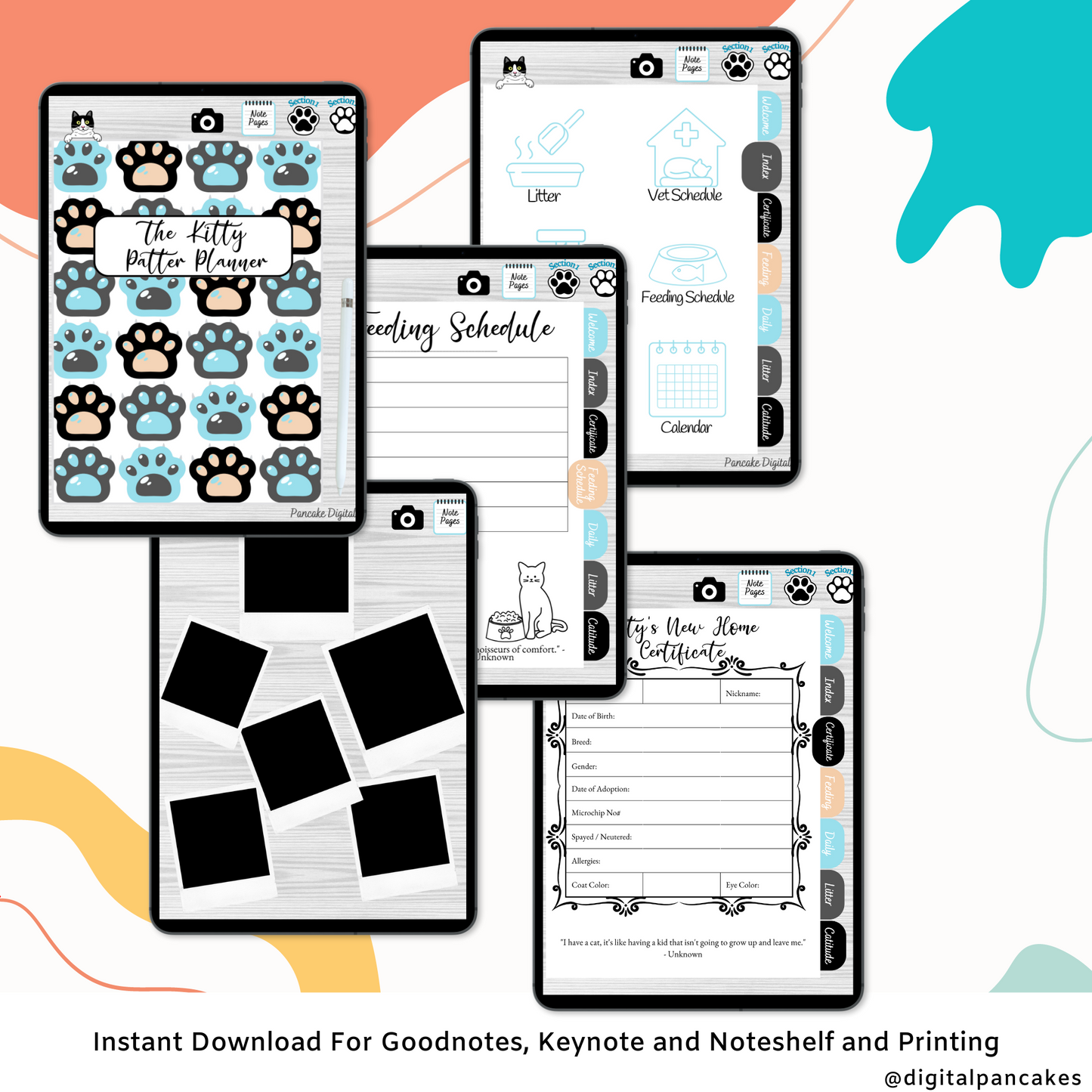 Kitty Patter Digital Planner, Digital Guide, Pet Care, Goodnotes, Noteshelf. Hyper-linked Kitty Cat Companion Digital Health Log Planner *Blue Edition*