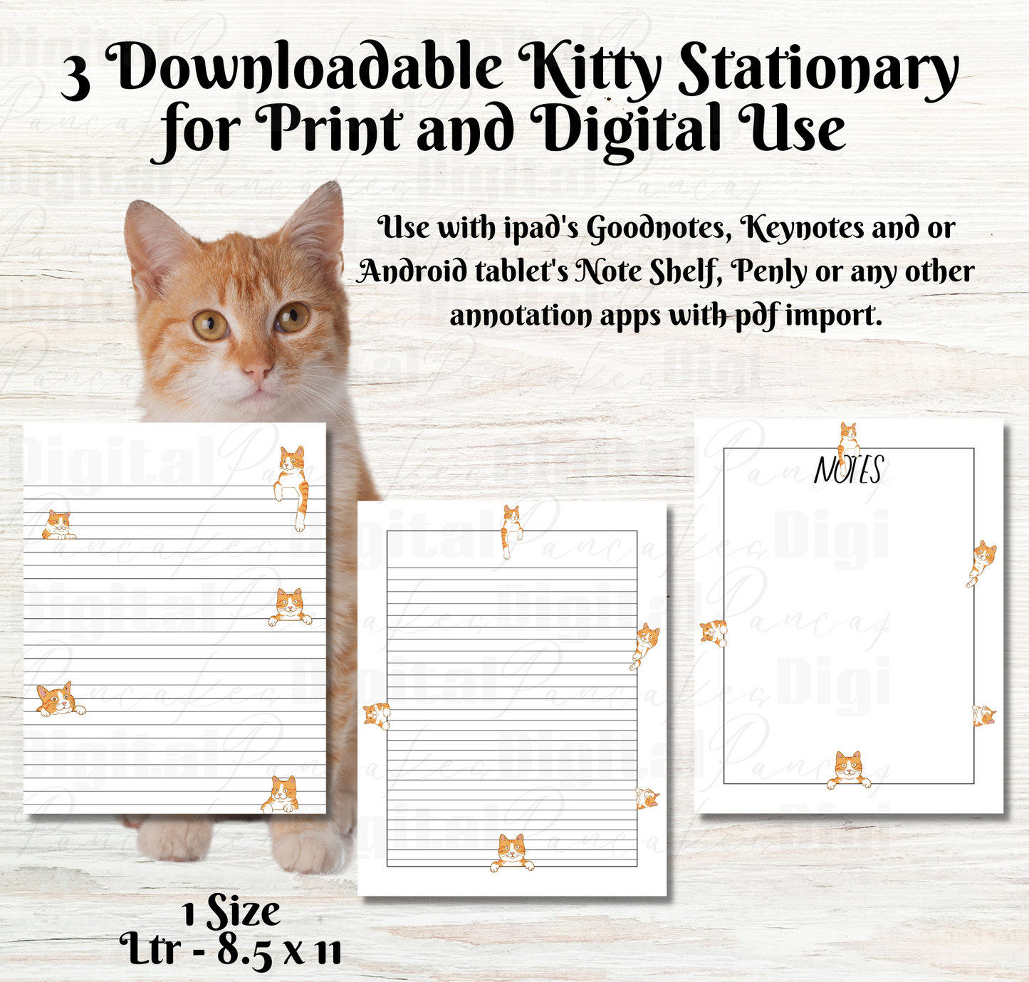 Orange and White Tabby Cat Peek-A-Boo Printable Stationery, 1 set of Digital/ Printable Designs. 1 Size 8.5x11 pdf format for Download | Lined and Unlined