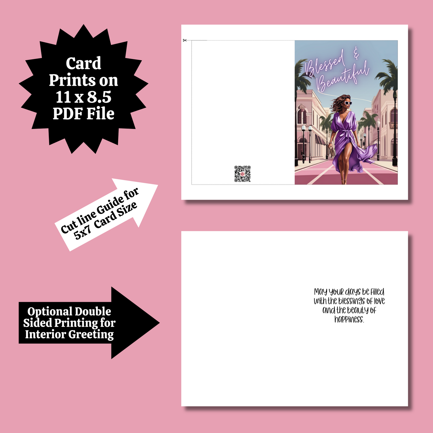 Blessed & Beautiful Affirmation Greeting Card | Black Girl | Printable | Interior Msg | Digital Card for Self-Print / Text / Email Sharing