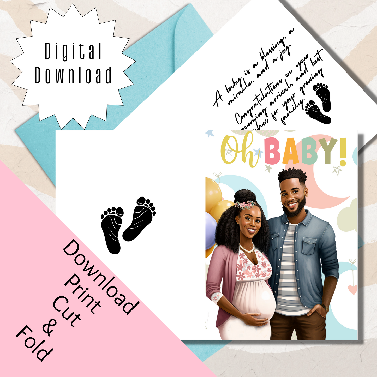 Baby Shower| Oh Baby | Black Baby Celebration | Printable | Interior Quote | Greeting Card Digital Self Printing / Text / Email Share
