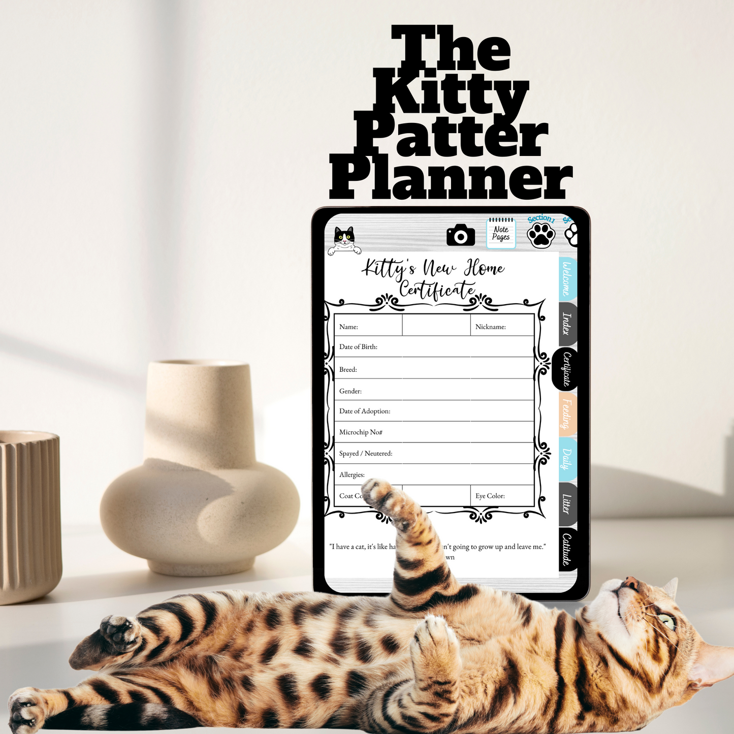 Kitty Patter Digital Planner, Digital Guide, Pet Care, Goodnotes, Noteshelf. Hyper-linked Kitty Cat Companion Digital Health Log Planner *Blue Edition*