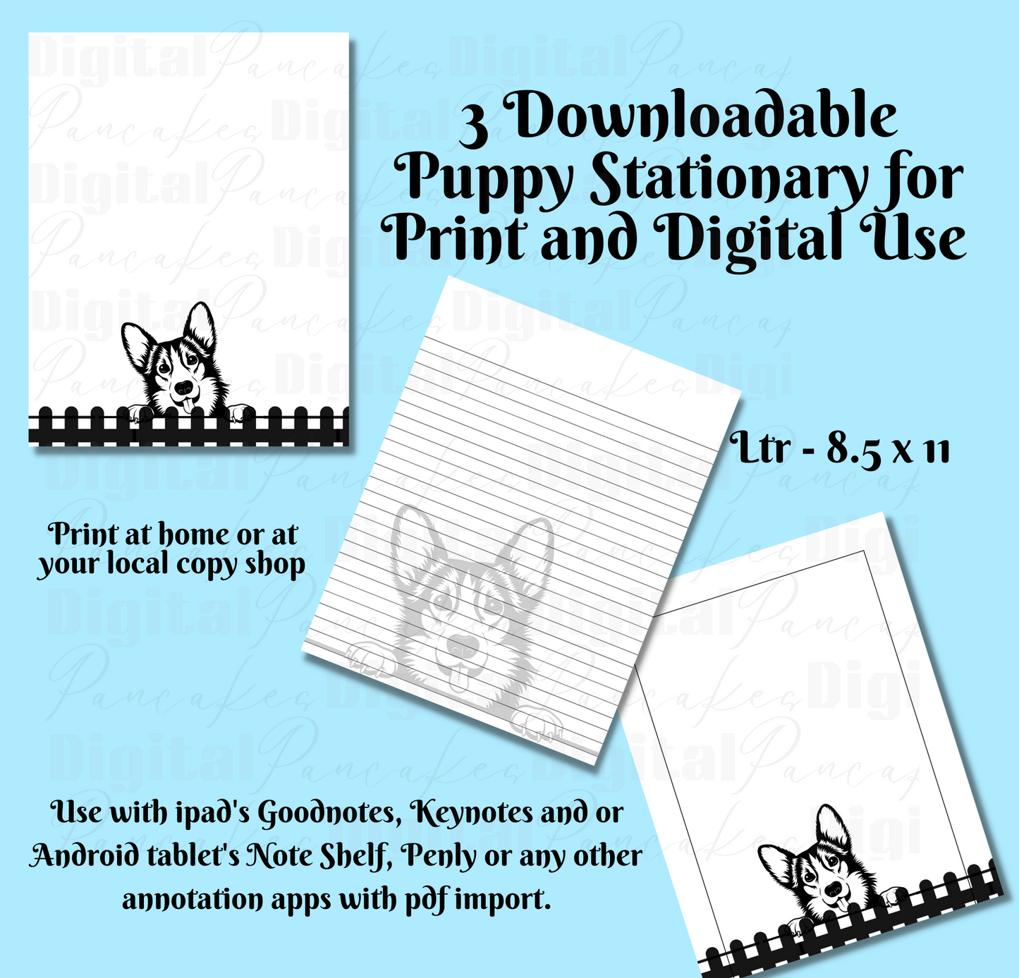 HUSKY DOG PRINTABLE Stationery, 1 set of Digital/ Printable Designs. 1 Size 8.5x11 pdf format for Download | Lined and Unlined