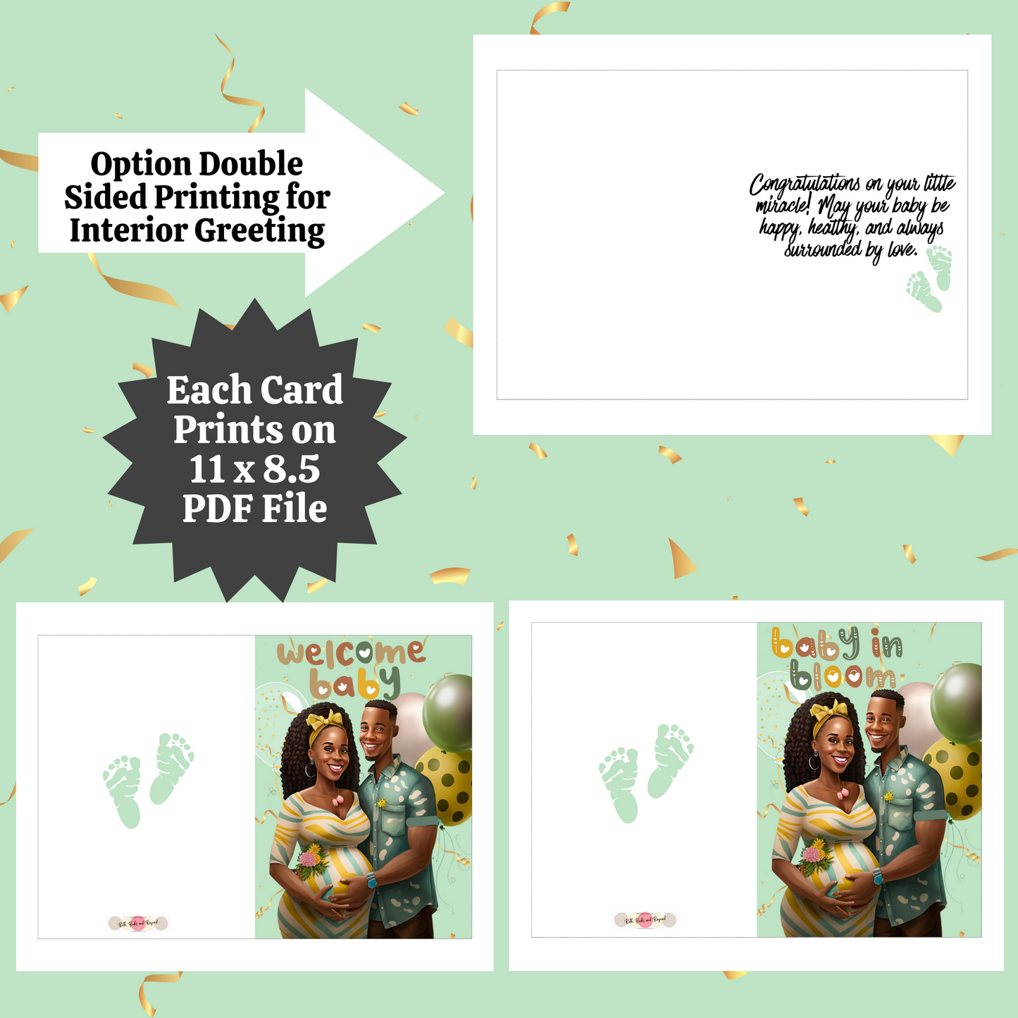 Baby in Bloom | African-American Baby Shower | Black Baby Celebration | Printable | Interior Msg | Greeting Card Digital Self Printing / Text / Email Share
