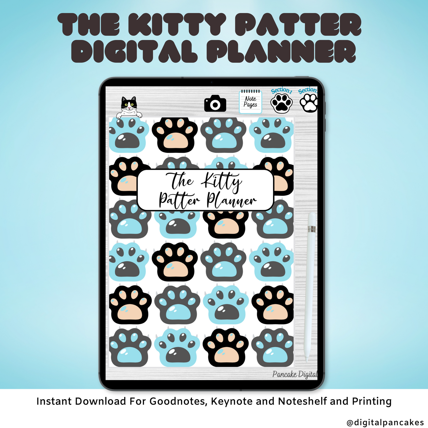 Kitty Patter Digital Planner, Digital Guide, Pet Care, Goodnotes, Noteshelf. Hyper-linked Kitty Cat Companion Digital Health Log Planner *Blue Edition*