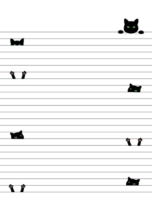 Black Cat Printable Stationery, 1 set of Digital/ Printable Designs. 1 Size 8.5x11 pdf format for Download | Lined and Unlined