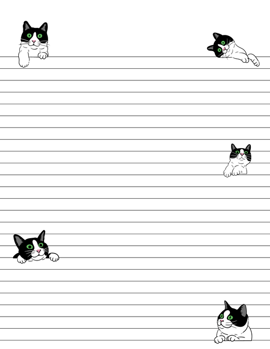 Black and White Tabby Cat Peek-A-Boo Printable Stationery, 1 set of Digital/ Printable Designs. 1 Size 8.5x11 pdf format for Download | Lined and Unlined
