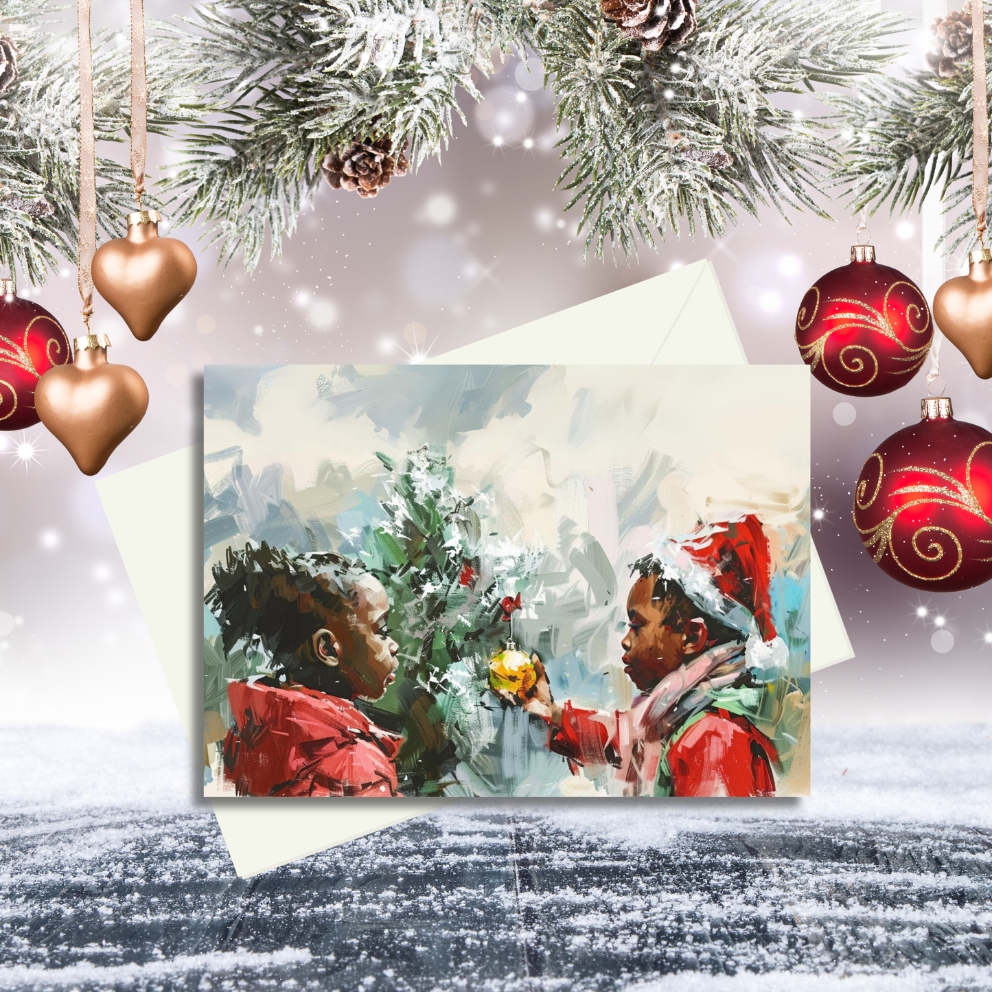 Little Ones Decorating a Christmas Tree | Heartwarming Holiday Card | African American Christmas Greeting Card