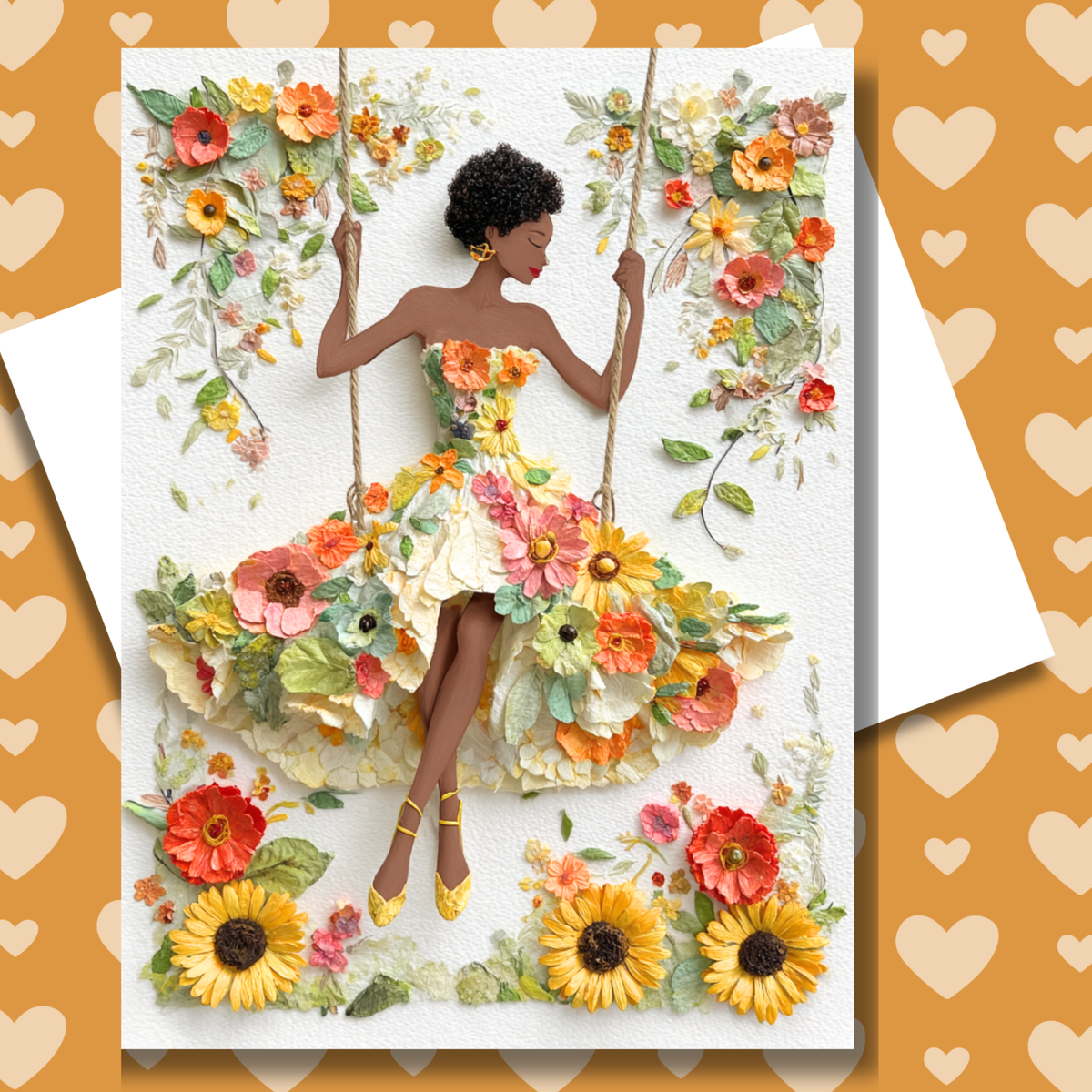 Sunflower Swing Greeting CarPaper Doll Greeting Note Card