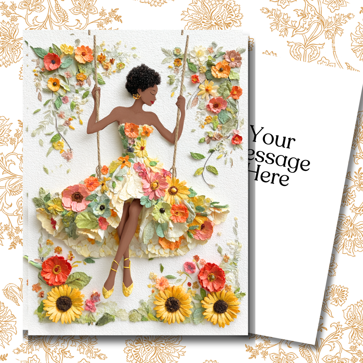 Sunflower Swing Greeting CarPaper Doll Greeting Note Card
