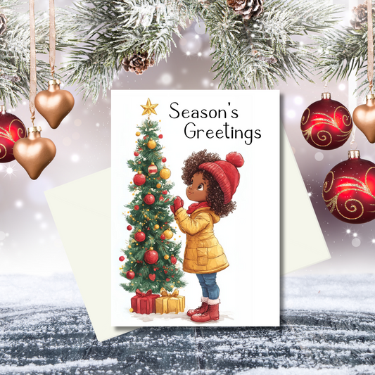 Little Girl and Her Christmas Tree | Holiday Card | African American Christmas Greeting Card