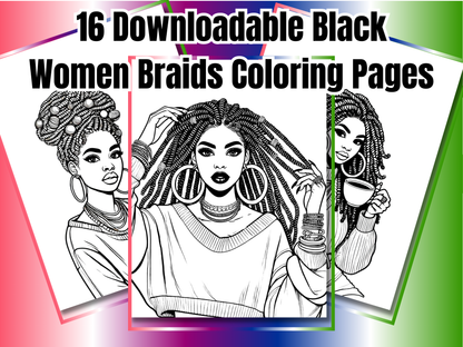 Beautiful Black Women in Braids Coloring Pages | 16-Page Braided Hairstyles Art Bundle | Printable Self-Care Coloring Sheets for Adults