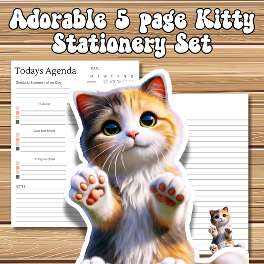 Adorable Kitty Cat Themed | 5 Sheet Stationery Set | + 1 PNG Sticker | Daily Planner, Calendar, Lined Sheets & Notes | Instant Download