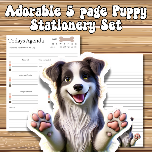 Adorable Puppy Dog Themed 5 Sheet Stationery Set | + 1 PNG Sticker | Daily Planner Sheet, Calendar, Lined Sheets & Notes | Instant Download