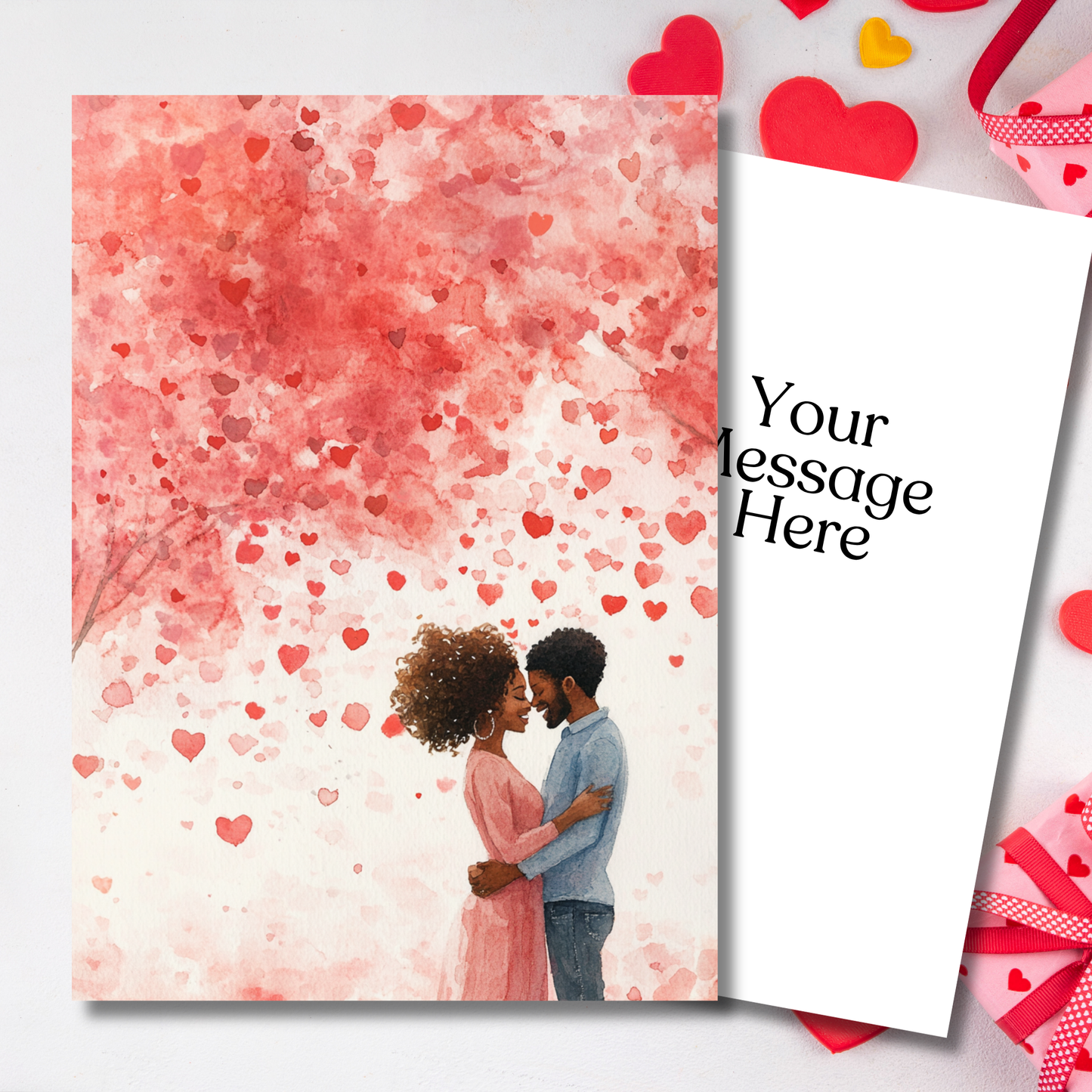Rain of Hearts Valentines Day Card | Black Couple