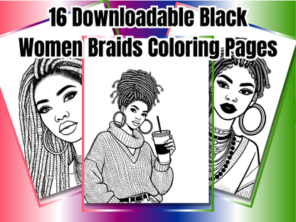 Beautiful Black Women in Braids Coloring Pages | 16-Page Braided Hairstyles Art Bundle | Printable Self-Care Coloring Sheets for Adults