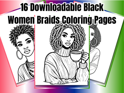 Beautiful Black Women in Braids Coloring Pages | 16-Page Braided Hairstyles Art Bundle | Printable Self-Care Coloring Sheets for Adults