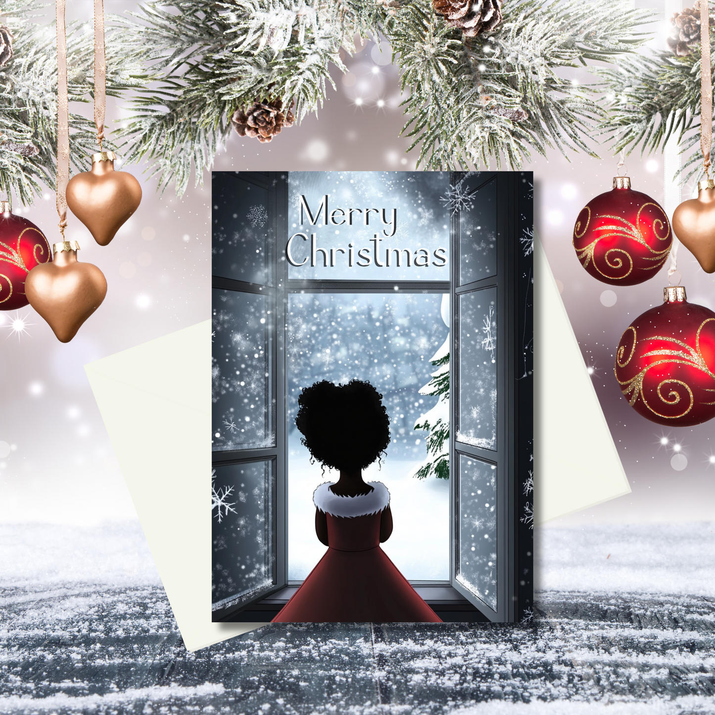 Magical Christmas Moment | Little Girl Gazing Out the Window | Holiday Card | African American Christmas Greeting Card