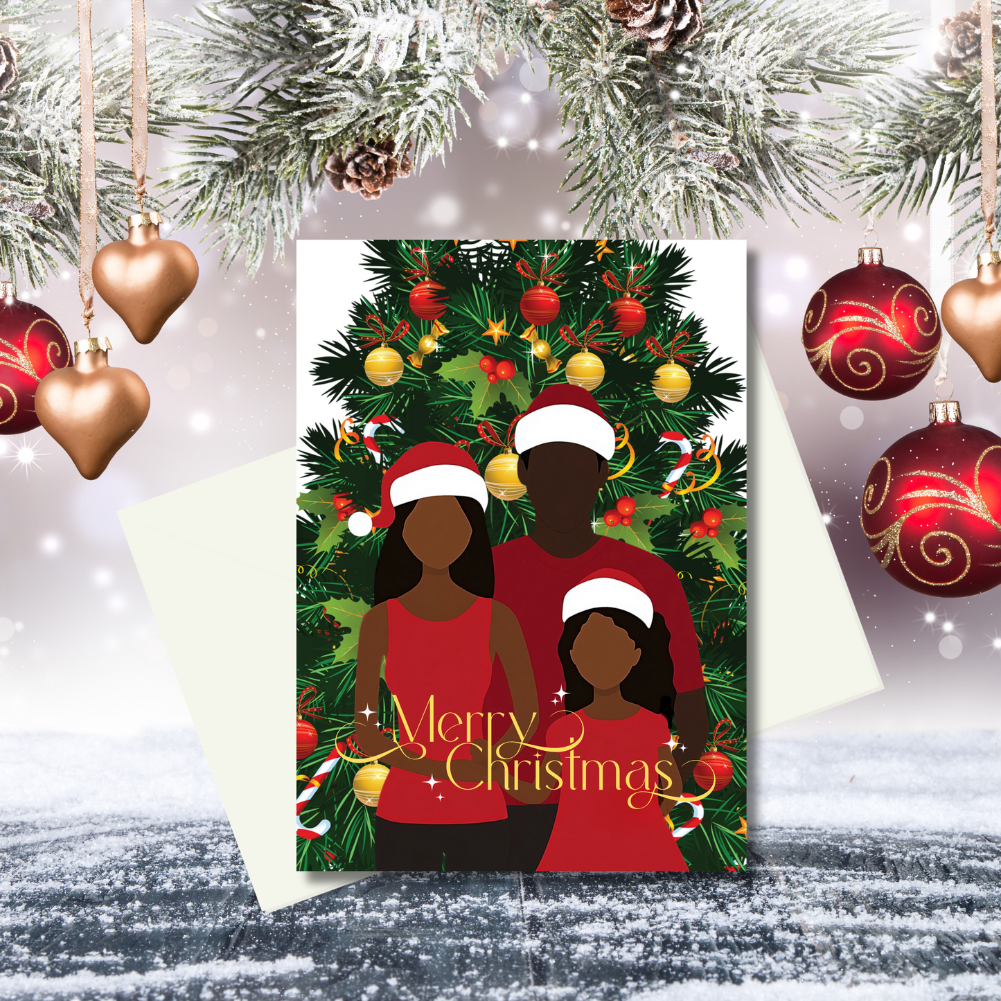 Beautiful Family by the Christmas Tree | Holiday Card | African American Christmas Greeting Card