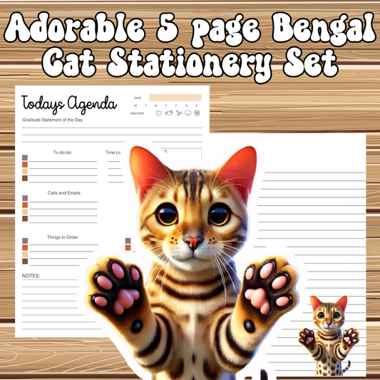 Super Cute Bengal Cat Themed | 5 Sheet Stationery Set | + 1 PNG Sticker | Daily Planner, Calendar, Lined Sheets & Notes | Instant Download