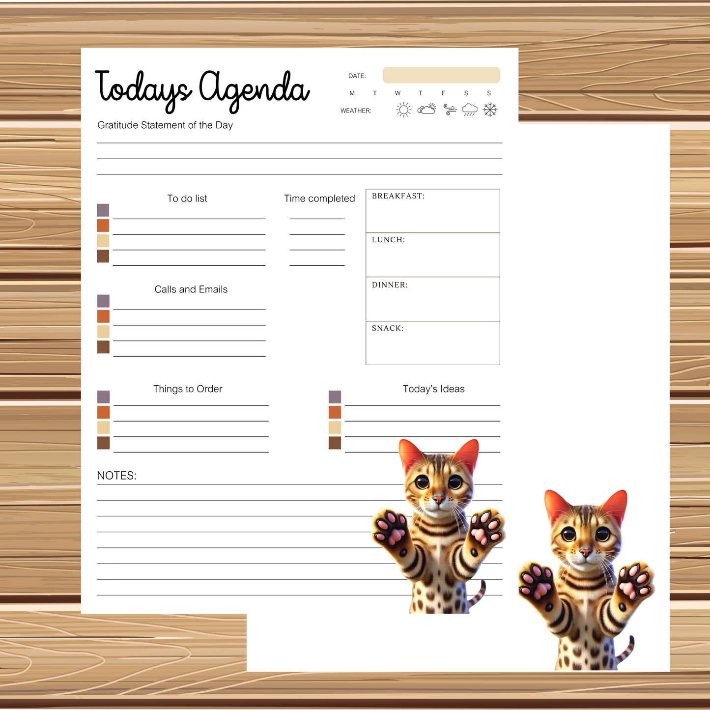Super Cute Bengal Cat Themed | 5 Sheet Stationery Set | + 1 PNG Sticker | Daily Planner, Calendar, Lined Sheets & Notes | Instant Download