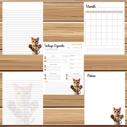 Super Cute Bengal Cat Themed | 5 Sheet Stationery Set | + 1 PNG Sticker | Daily Planner, Calendar, Lined Sheets & Notes | Instant Download