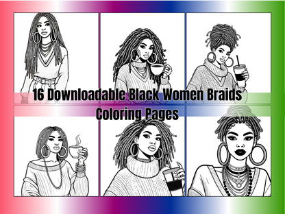 Beautiful Black Women in Braids Coloring Pages | 16-Page Braided Hairstyles Art Bundle | Printable Self-Care Coloring Sheets for Adults