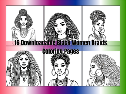 Beautiful Black Women in Braids Coloring Pages | 16-Page Braided Hairstyles Art Bundle | Printable Self-Care Coloring Sheets for Adults