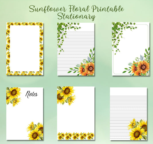 Sunflower Printables | Bring Sunshine to Your Messages with Yellow Sunflower Floral Stationery | 6 Digital Designs in 3 Sizes, PDF Download