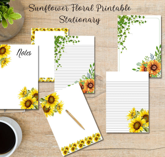 Sunflower Printables | Bring Sunshine to Your Messages with Yellow Sunflower Floral Stationery | 6 Digital Designs in 3 Sizes, PDF Download