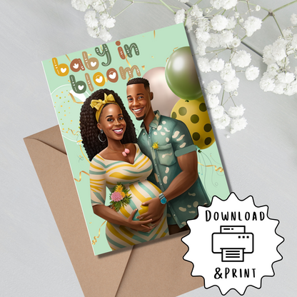Baby in Bloom | African-American Baby Shower | Black Baby Celebration | Printable | Interior Msg | Greeting Card Digital Self Printing / Text / Email Share