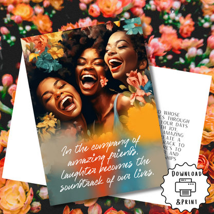 Celebrate Love, Laughter with Friends | Black Girl | Printable Card | Interior Msg | Digital Greeting Card | Self-Print / Text / Email Share