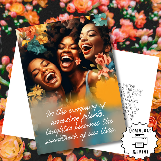 Celebrate Love, Laughter with Friends | Black Girl | Printable Card | Interior Msg | Digital Greeting Card | Self-Print / Text / Email Share