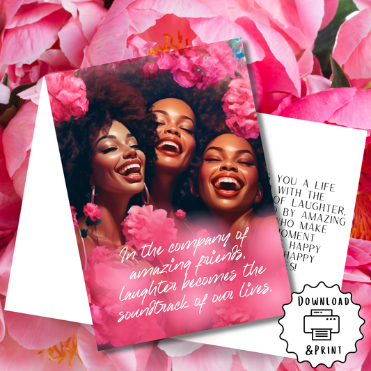 Celebrate Music, Sing, Laughter & Friendship | Black Girl | Printable Card | Interior Msg | Digital Greeting Card | Self-Print / Text / Email Share