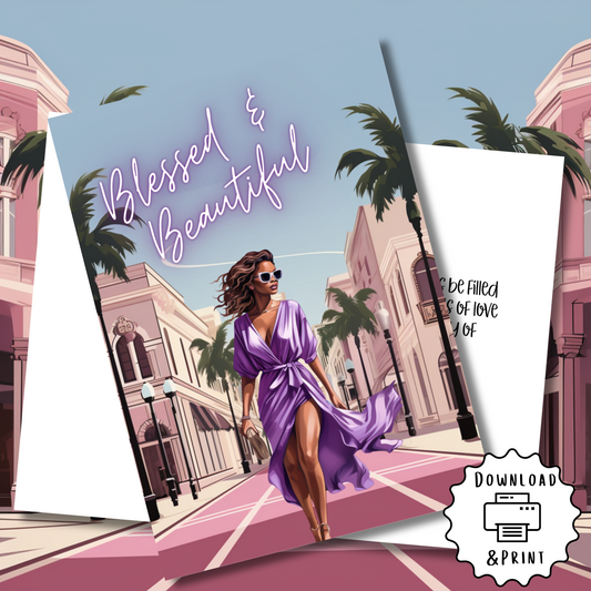 Blessed & Beautiful Affirmation Greeting Card  | Black Girl | Printable | Interior Msg | Digital Card  for Self-Print / Text / Email Sharing