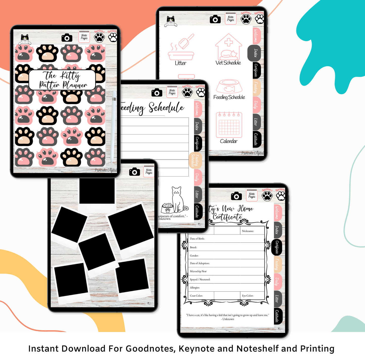 Kitty Patter Digital Planner, Digital Guide, Pet Care, Goodnotes, Noteshelf. Hyper-linked Kitty Cat Companion Digital Health Log Planner *Pink Edition*