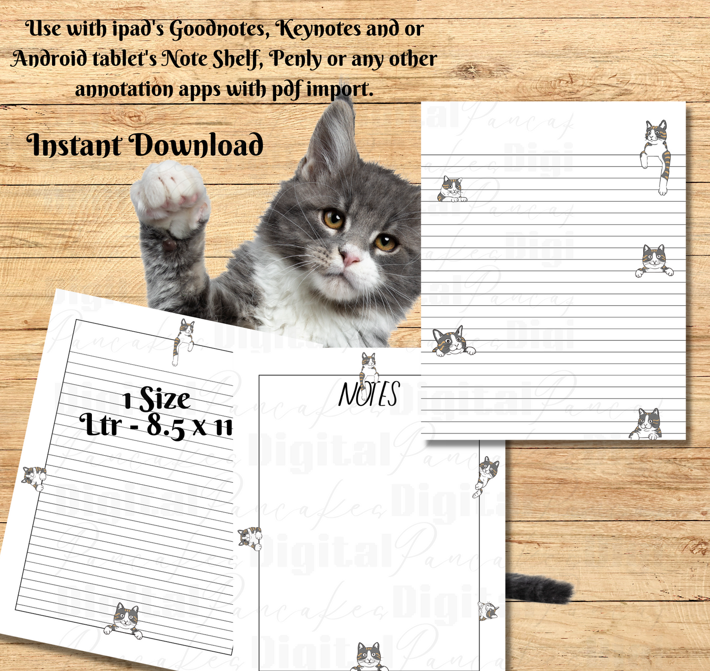 GRAY AND WHITE TABBY CAT PEEK-A-BOO PRINTABLE Stationery, 1 set of Digital/ Printable Designs. 1 Size 8.5x11 pdf format for Download |  Lined and Unlined