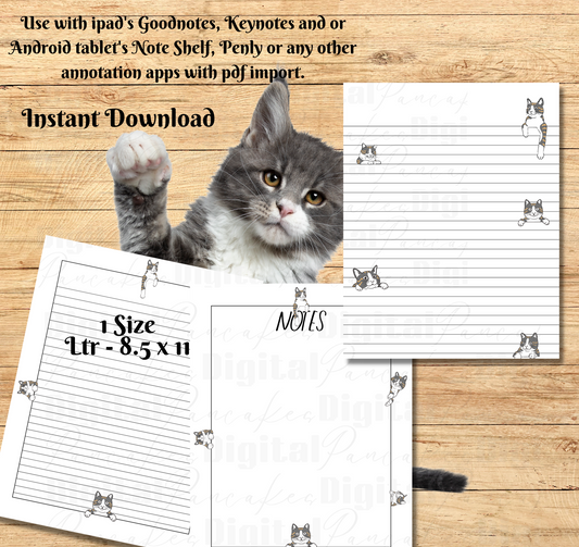 GRAY AND WHITE TABBY CAT PEEK-A-BOO PRINTABLE Stationery, 1 set of Digital/ Printable Designs. 1 Size 8.5x11 pdf format for Download |  Lined and Unlined