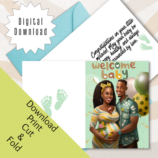 Baby in Bloom | African-American Baby Shower | Black Baby Celebration | Printable | Interior Msg | Greeting Card Digital Self Printing / Text / Email Share