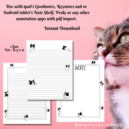 Black and White Tabby Cat Peek-A-Boo Printable Stationery, 1 set of Digital/ Printable Designs. 1 Size 8.5x11 pdf format for Download |  Lined and Unlined