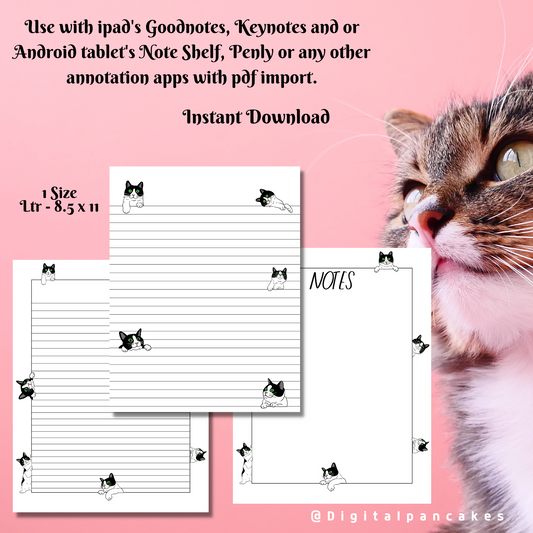 Black and White Tabby Cat Peek-A-Boo Printable Stationery, 1 set of Digital/ Printable Designs. 1 Size 8.5x11 pdf format for Download |  Lined and Unlined