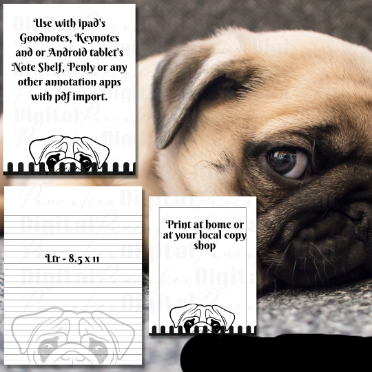 Pug puppy Dog Printable Stationery, 1 set of Digital/ Printable Designs. 1 Size 8.5x11 pdf format for Download |  Lined and Unlined