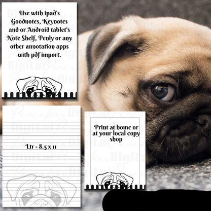 Pug puppy Dog Printable Stationery, 1 set of Digital/ Printable Designs. 1 Size 8.5x11 pdf format for Download |  Lined and Unlined