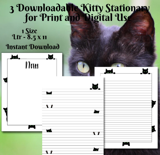 Black Cat Printable Stationery, 1 set of Digital/ Printable Designs. 1 Size 8.5x11 pdf format for Download |  Lined and Unlined