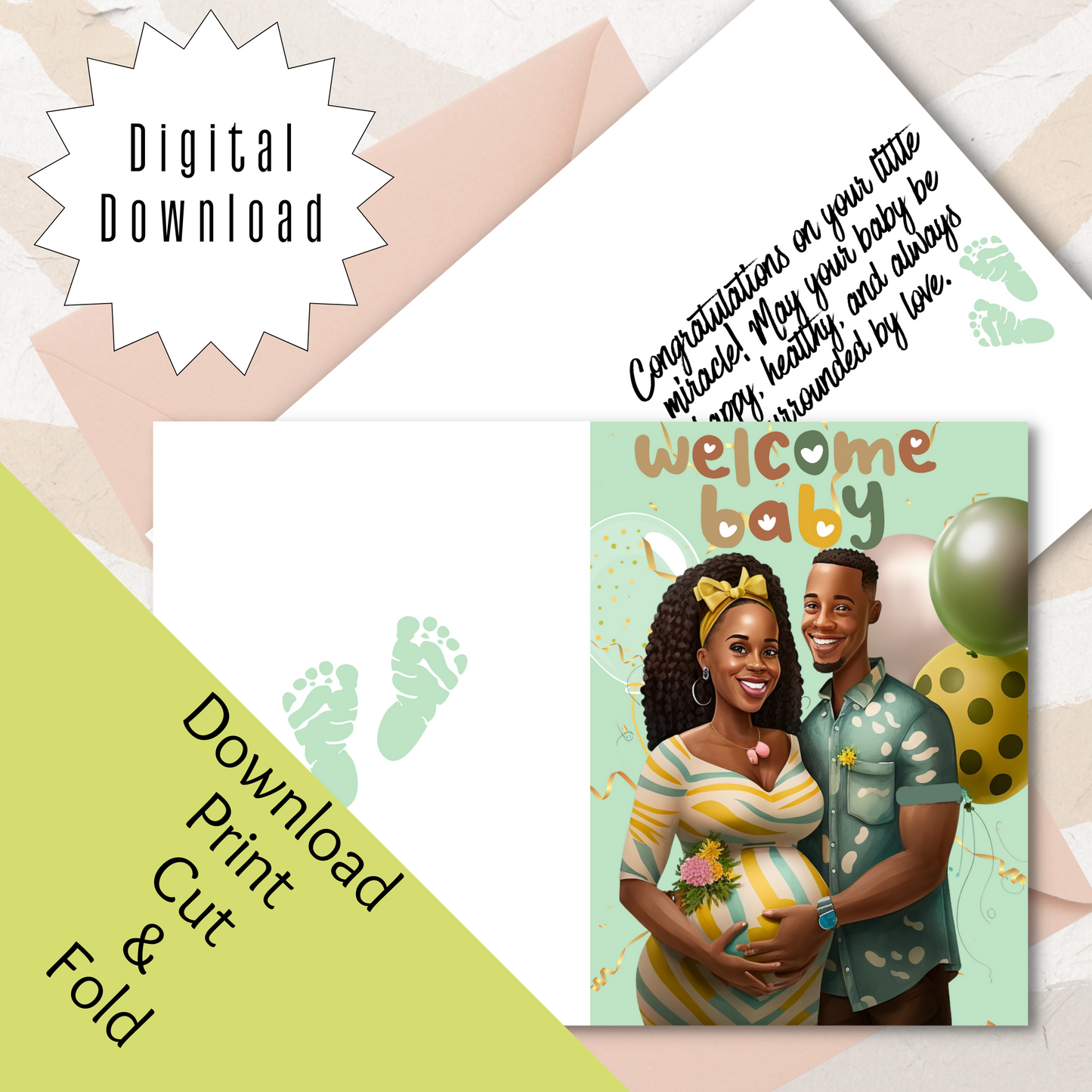 Baby in Bloom | African-American Baby Shower | Black Baby Celebration | Printable | Interior Msg | Greeting Card Digital Self Printing / Text / Email Share